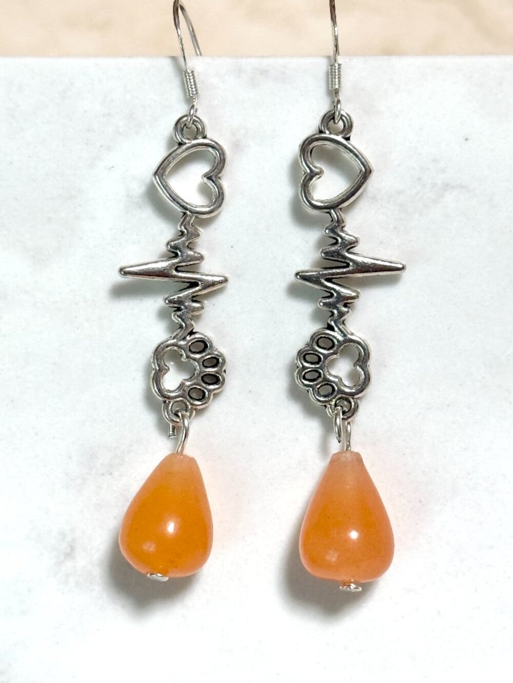 2/$20,Orange Agate Paw Print Heart Beat Earrings,Gemstone & Sterling Silver Hook